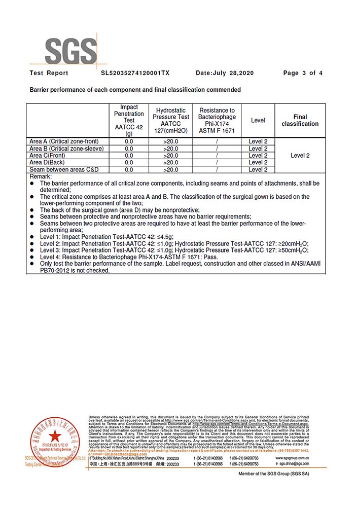 SGS AAMI PB70 手術(shù)衣2級檢測報告3